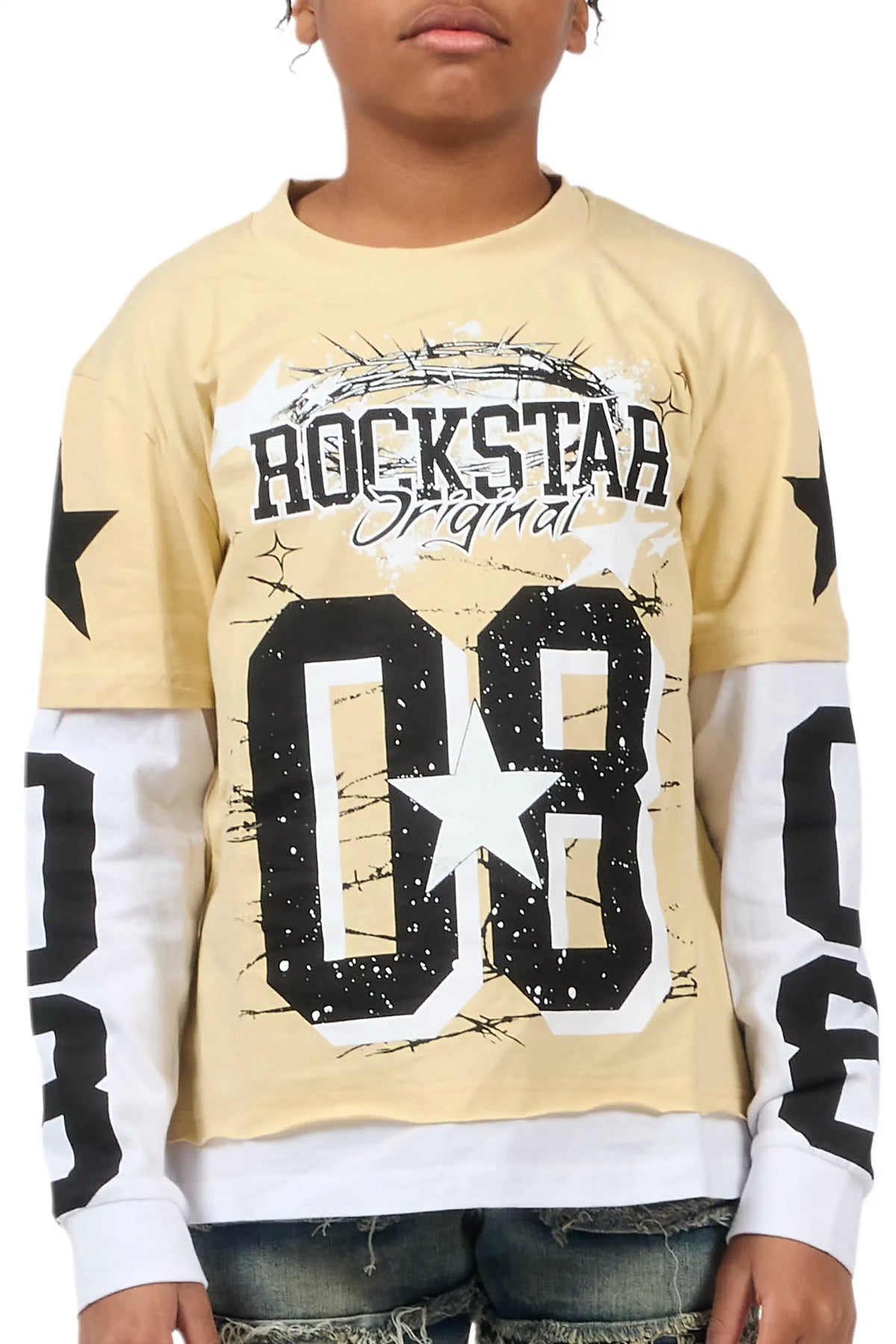 Boys Allstar Beige/Black Double Layer L/S Graphic T-Shirt