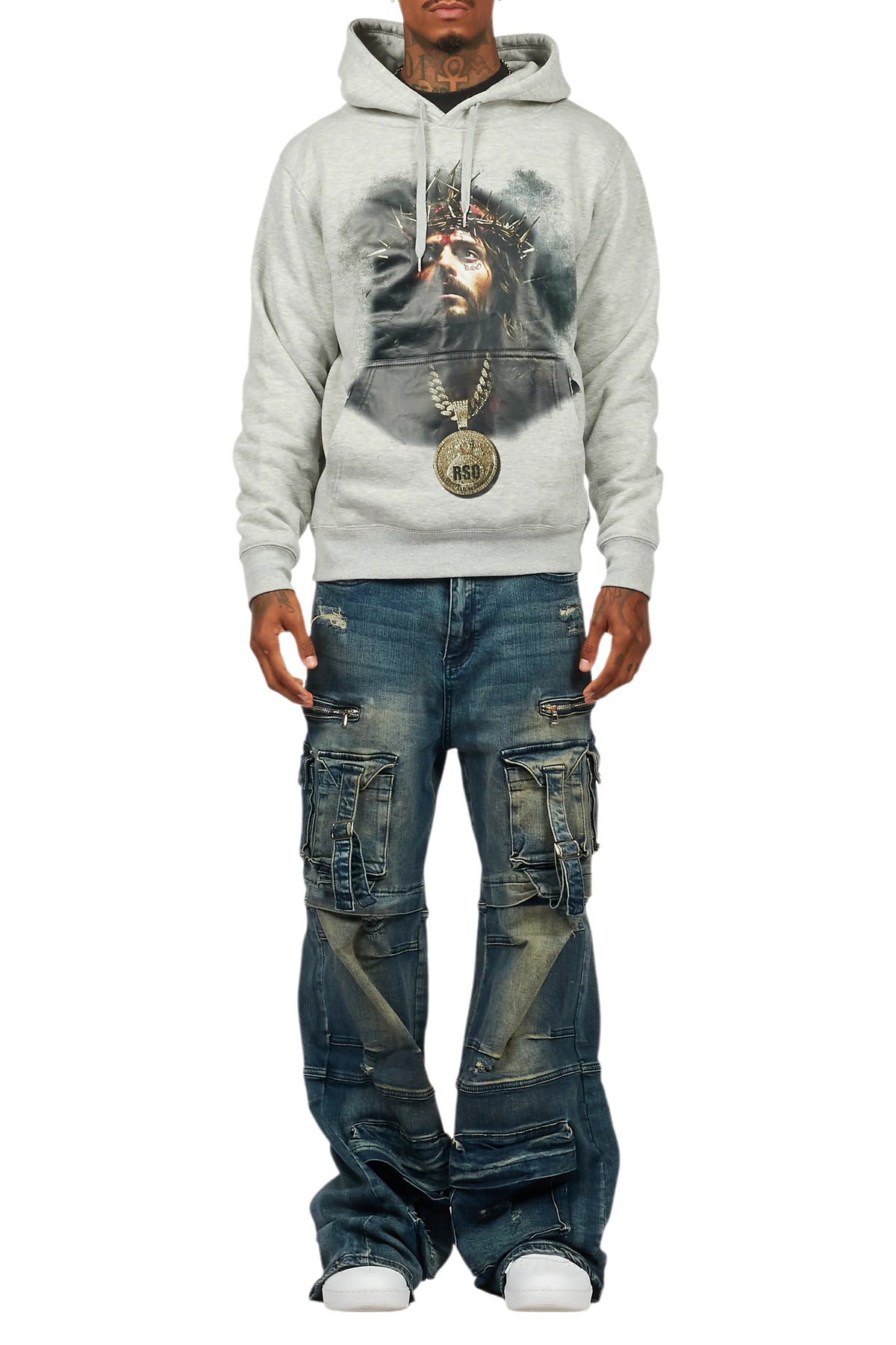 Amina Heather Grey Distressed Graphic Hoodie