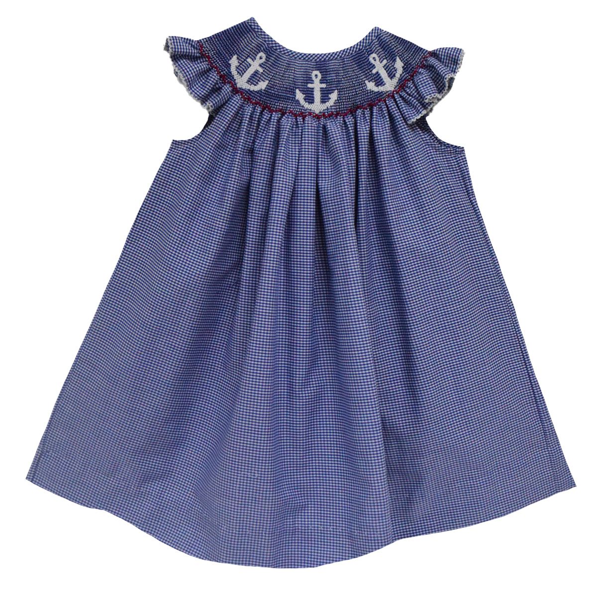 Anchors Smocked Navy Gingham Angel Wing Bishop - Select Size