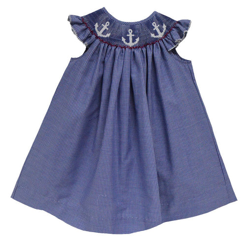 Anchors Smocked Navy Gingham Angel Wing Bishop - Select Size