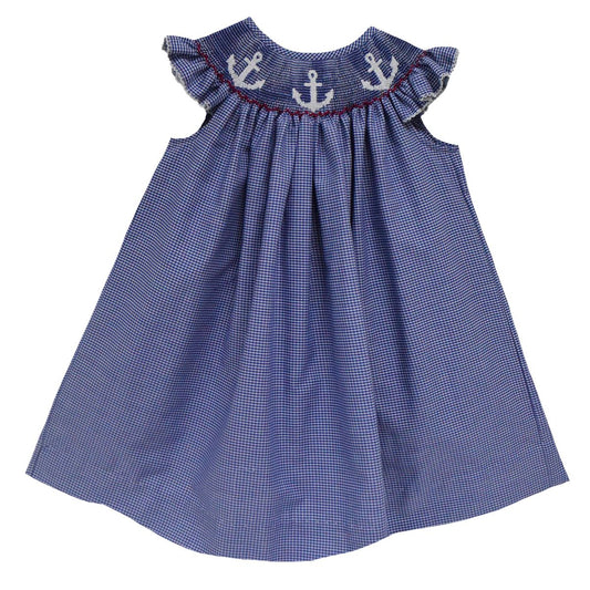 Anchors Smocked Navy Gingham Angel Wing Bishop - Select Size