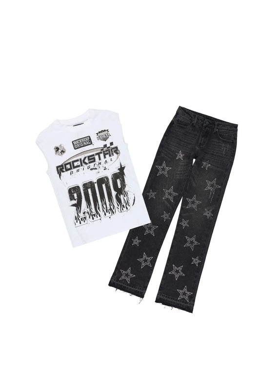 Boys Amos White/Dark Grey Cut Off Stacked Jean Set
