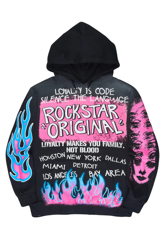 Beno Black/Pink Distressed Graphic Hoodie