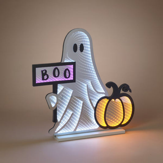 Electric Infinity Lighted Halloween Ghost w/ Sign & Wooden Base - 23.6"