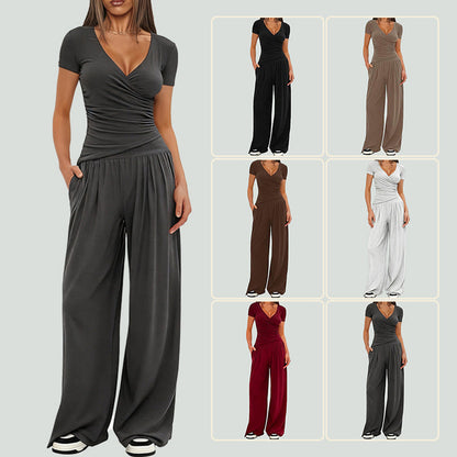 2 Pieces Women's V Neck Short-sleeve Sportswear Top And Wide-leg Pants Set Casual Comfortable Outfit Set For Daily Wear Gym Sports Outfit