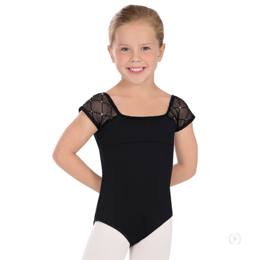 Diamond Mesh Cap Sleeve Trestle Back Girls Black Leo - Select Size