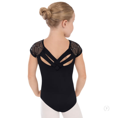 Diamond Mesh Cap Sleeve Trestle Back Girls Black Leo - Select Size