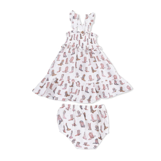Cowgirl Boots Smocked Ruffle Sundress & Bloomer