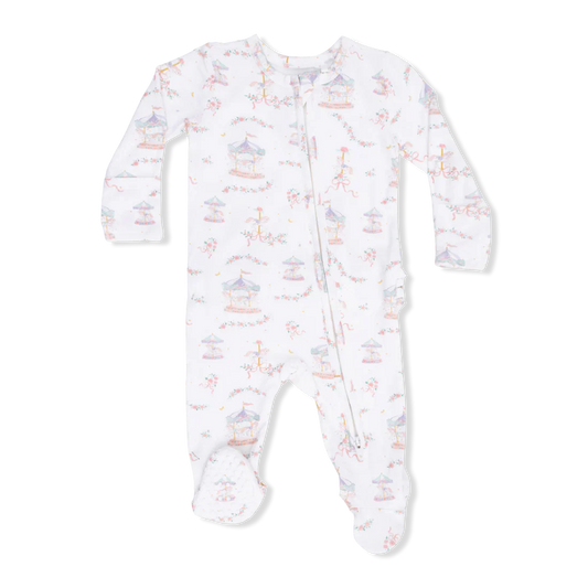 Carousel with Bows 2 Way Ruffle Back Zipper Footie