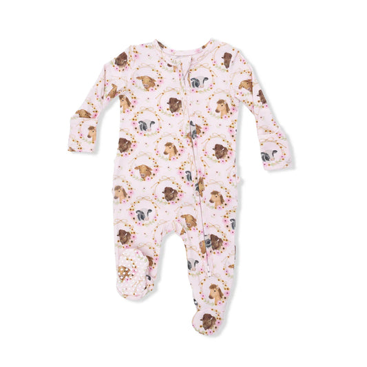 Farm Animals Floral Cameos Pink 2 Way Ruffle Back Zipper Footie