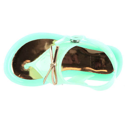Aqua Jelly Thong Sandals with Gold Bow Accent