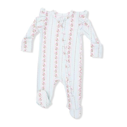 Antoinette Stripe 2 Way Ruffle Sleeve Zipper Footie