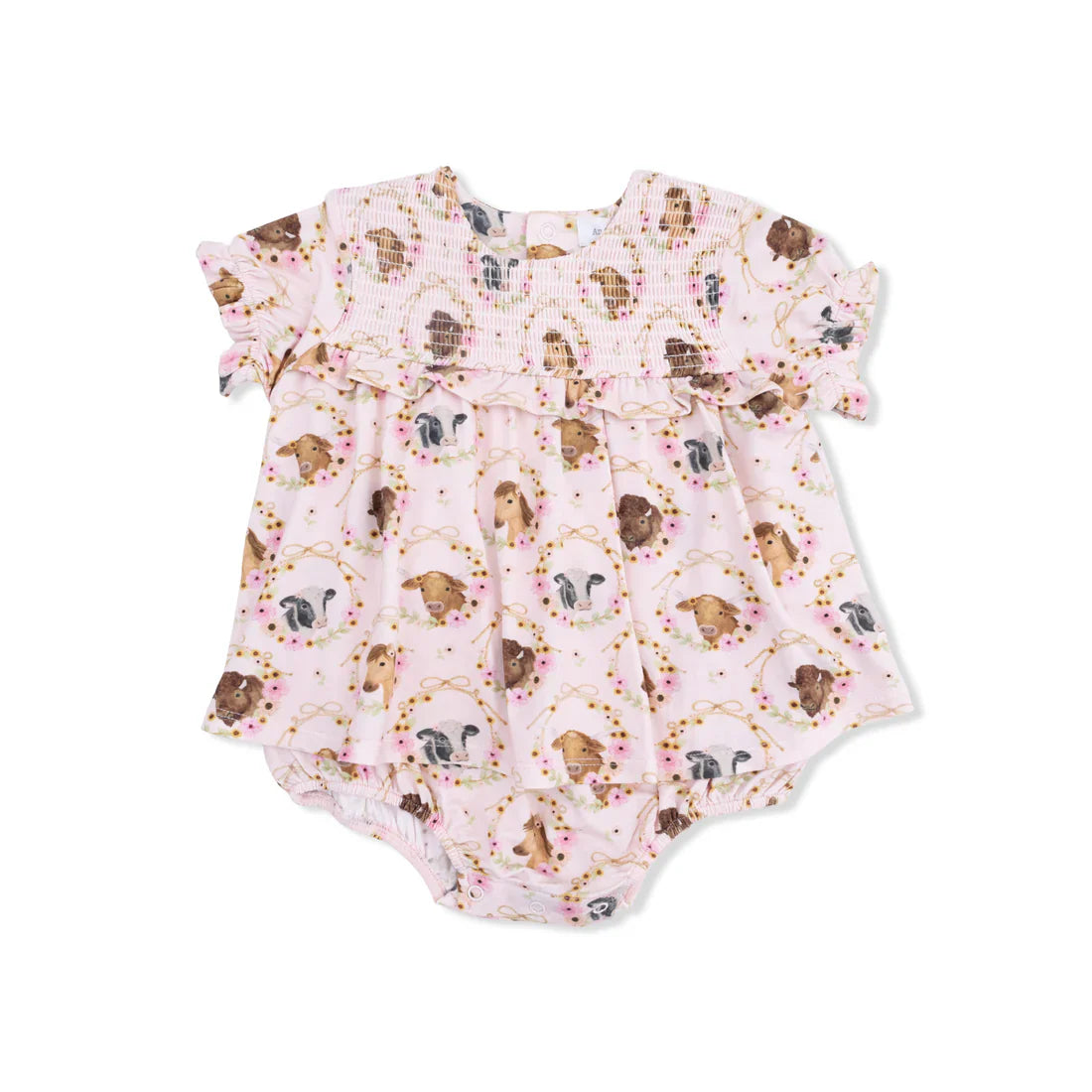 Farm Animals Floral Cameos Pink Smocked Ruffle Bubble w/Skirt