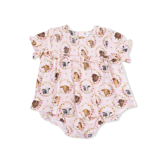 Farm Animals Floral Cameos Pink Smocked Ruffle Bubble w/Skirt