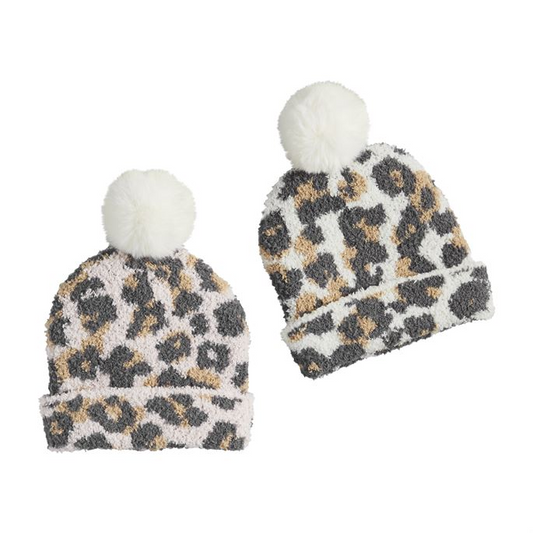 Chenille Leopard Knit Hat - Select Ivory or Pink