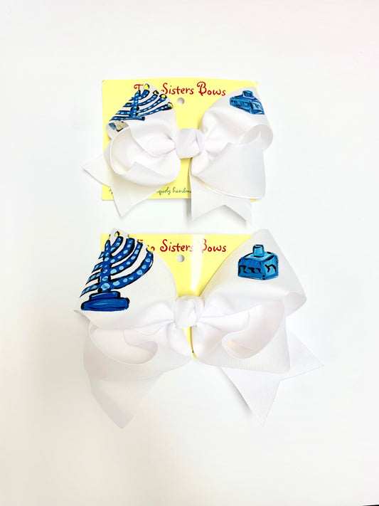 Happy Hanukkah  -Handpainted White Hair bow - Choose 6â or 8â