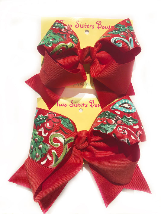 Christmas Tree & Holly -Handpainted Red Hair bow - Choose 6â or 8â