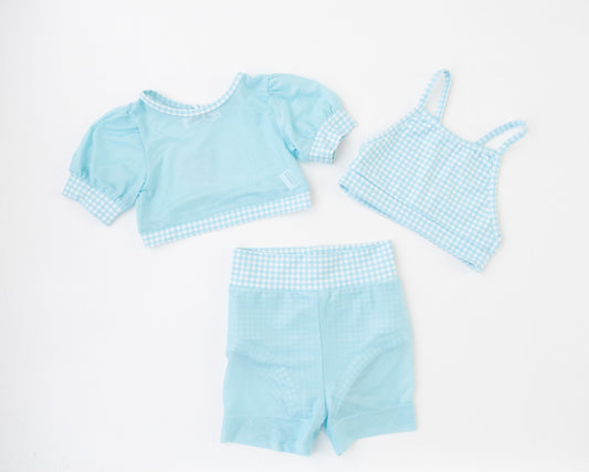 Bubble Gum Gingham Blue 3pc Crop, Bra Top and Brief