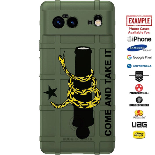 Battle of Gonzales, Come and Take It Cannon Star with Gadsden Snake Custom Printed Case Design for Apple, Samsung, Google & Motorola Phone Models