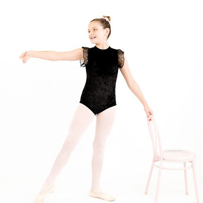 Black Velvet Leo with Swiss Dot Chiffon Flutter Sleeve