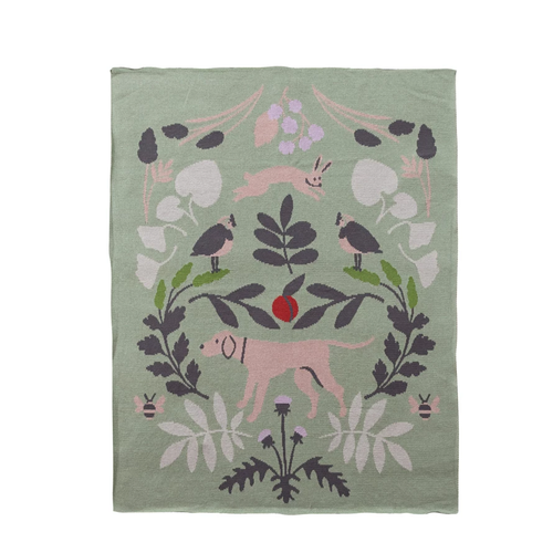 Cotton Knit Baby Blanket with Botanicals & Animals