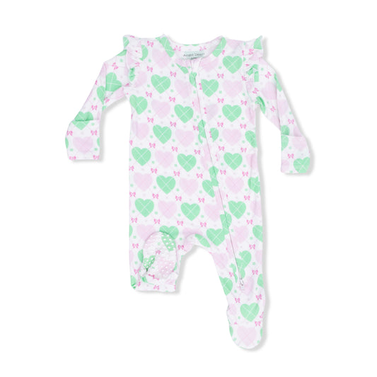 Heart Argyle 2 Way Ruffle Sleeve Zipper Footie